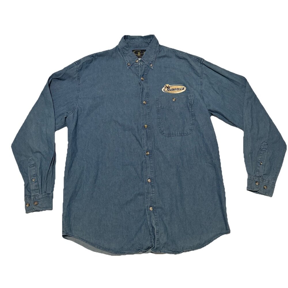 Vintage Nashville Denim Embroidered Trucker Jean Shirt Mens Large 90s USA TN